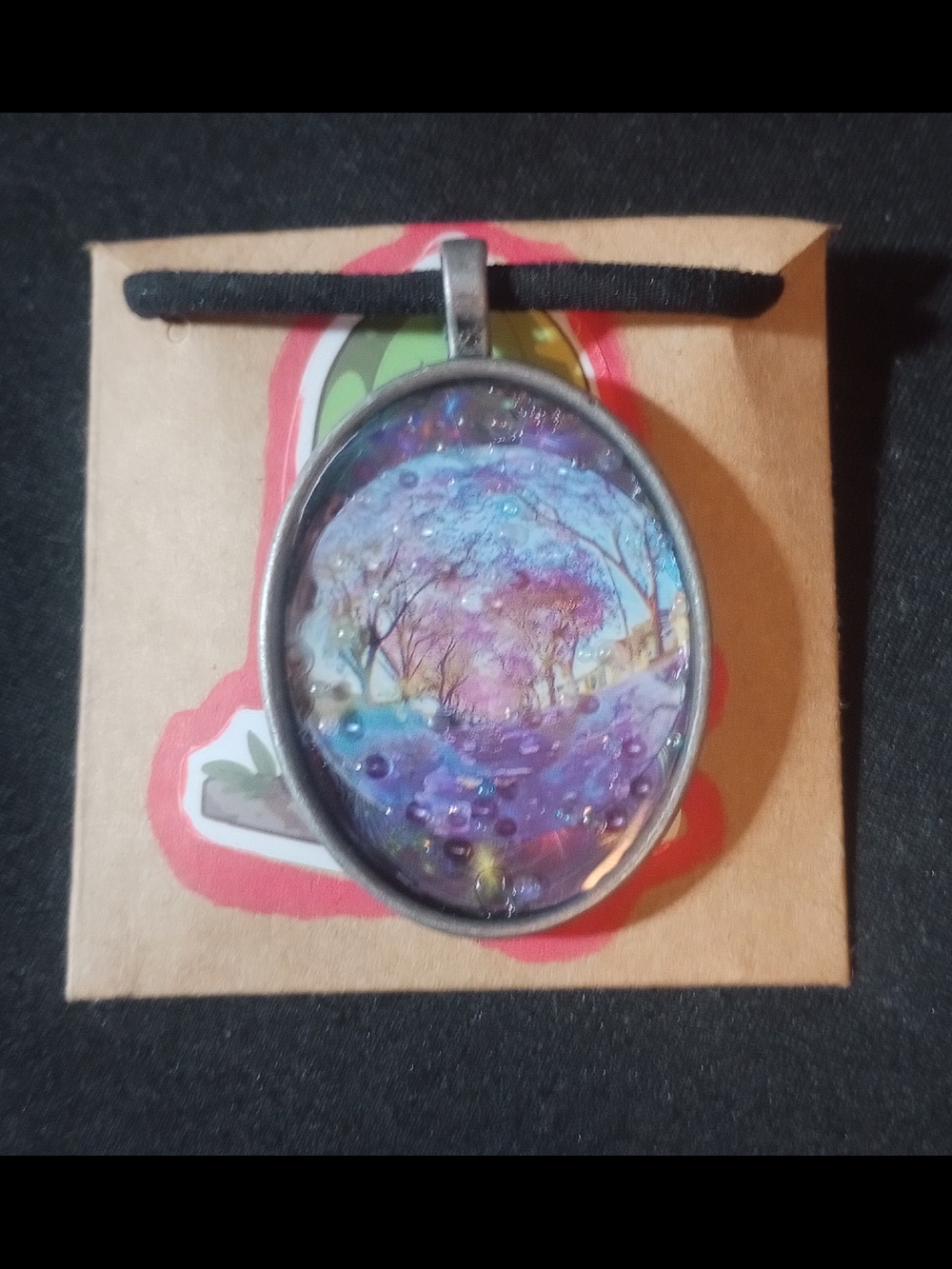 Handcrafted Purple Tree-Scene Oval Pendant Necklace
